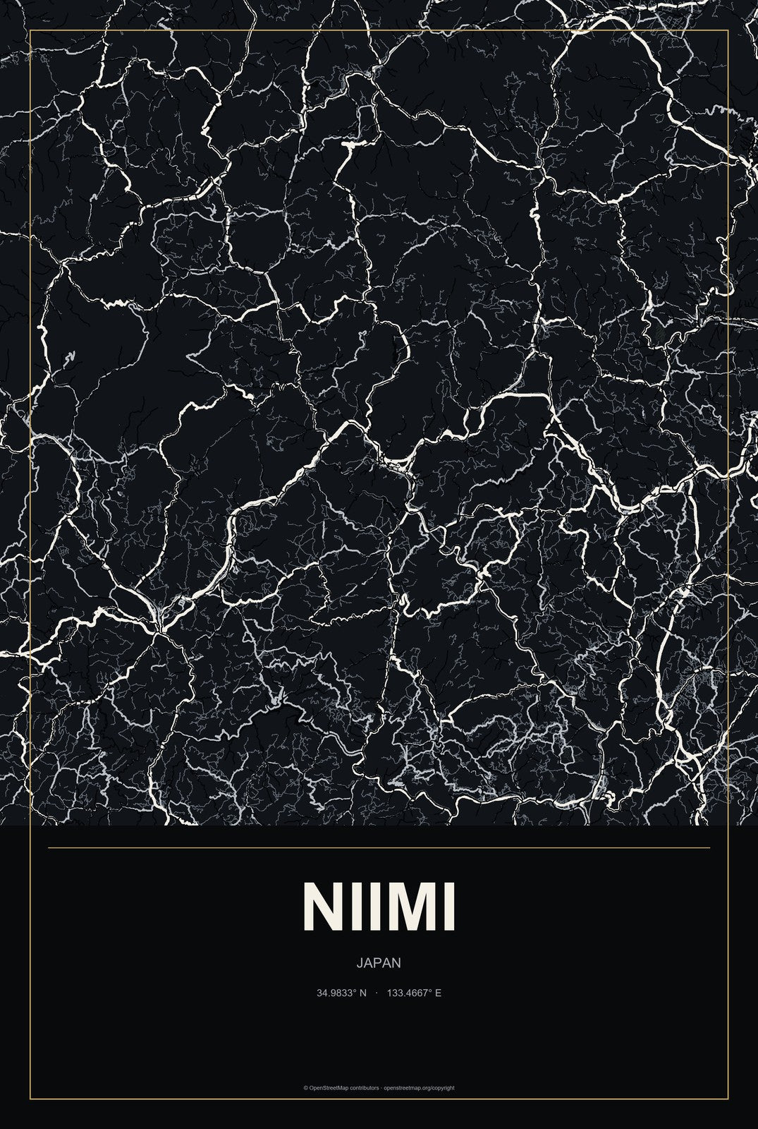 Niimi, Japan City Map Aluminum Sign in Metropolitan Noir style