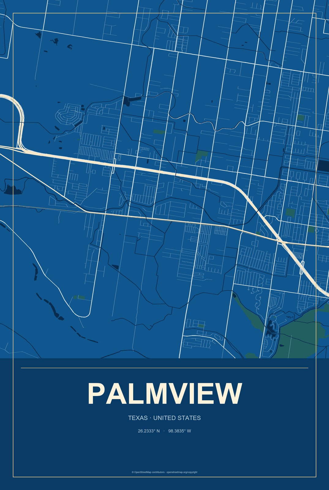 Palmview, Texas City Map Aluminum Sign in Harbor Cobalt style