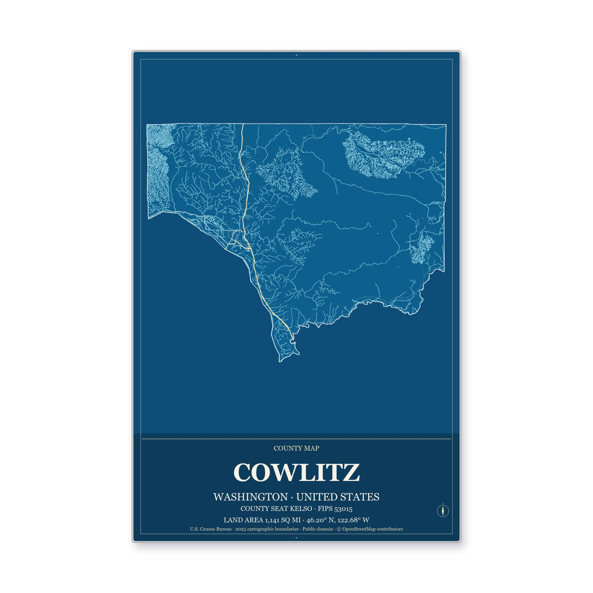 Cowlitz County, Washington Map Aluminum Sign in Harbor Cobalt style
