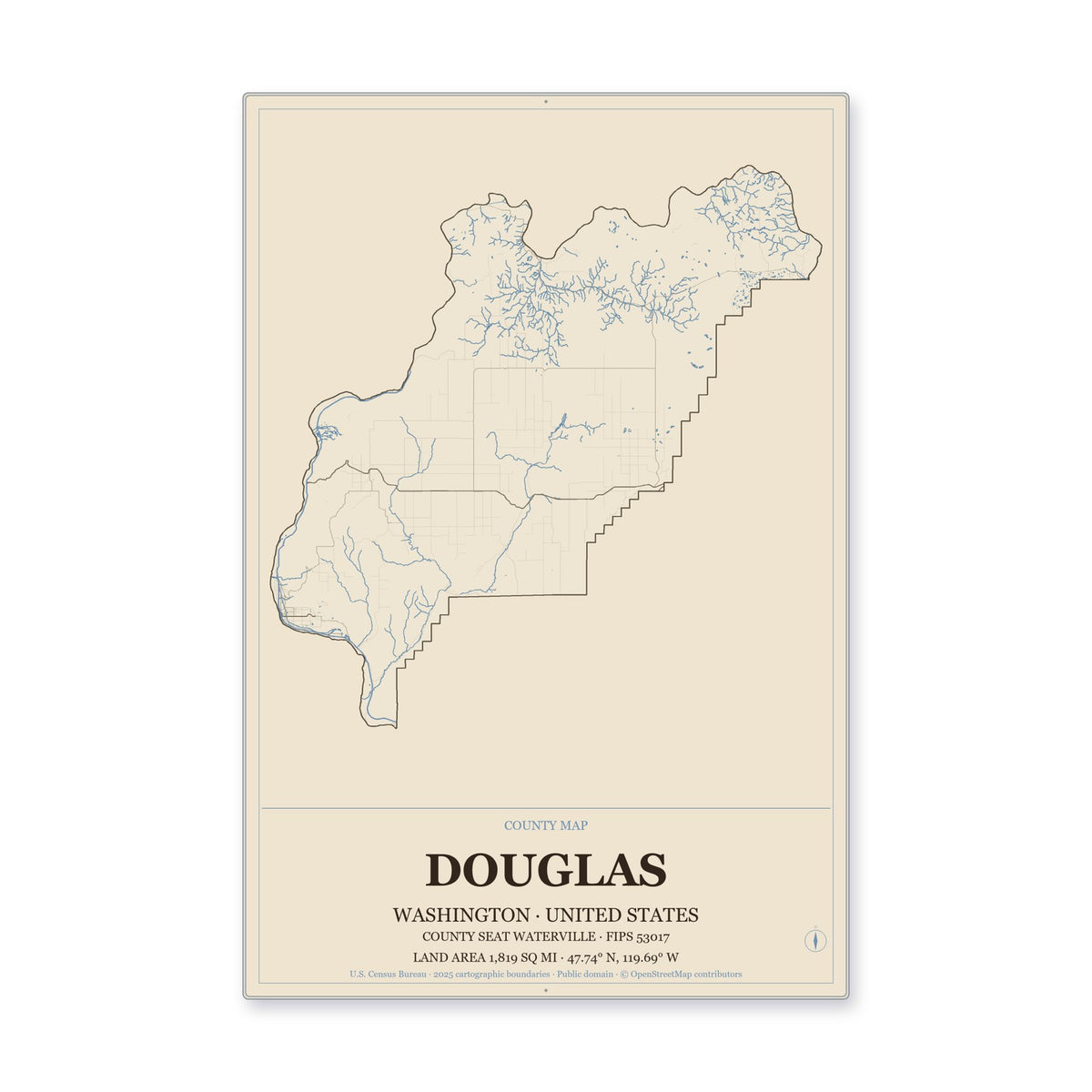 Douglas County, Washington Map Aluminum Sign in Heritage Nautical style