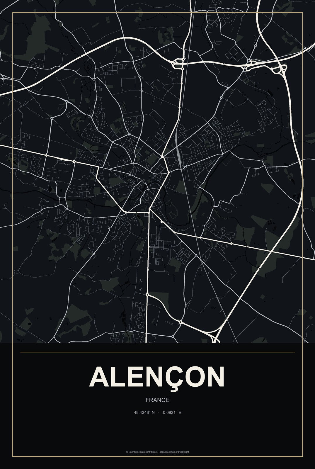 Alençon, France City Map Aluminum Sign in Metropolitan Noir style