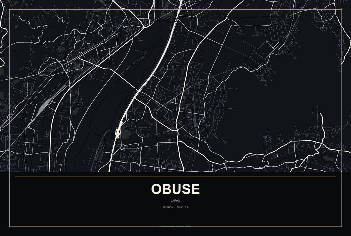 Obuse, Japan City Map Aluminum Sign in Metropolitan Noir style