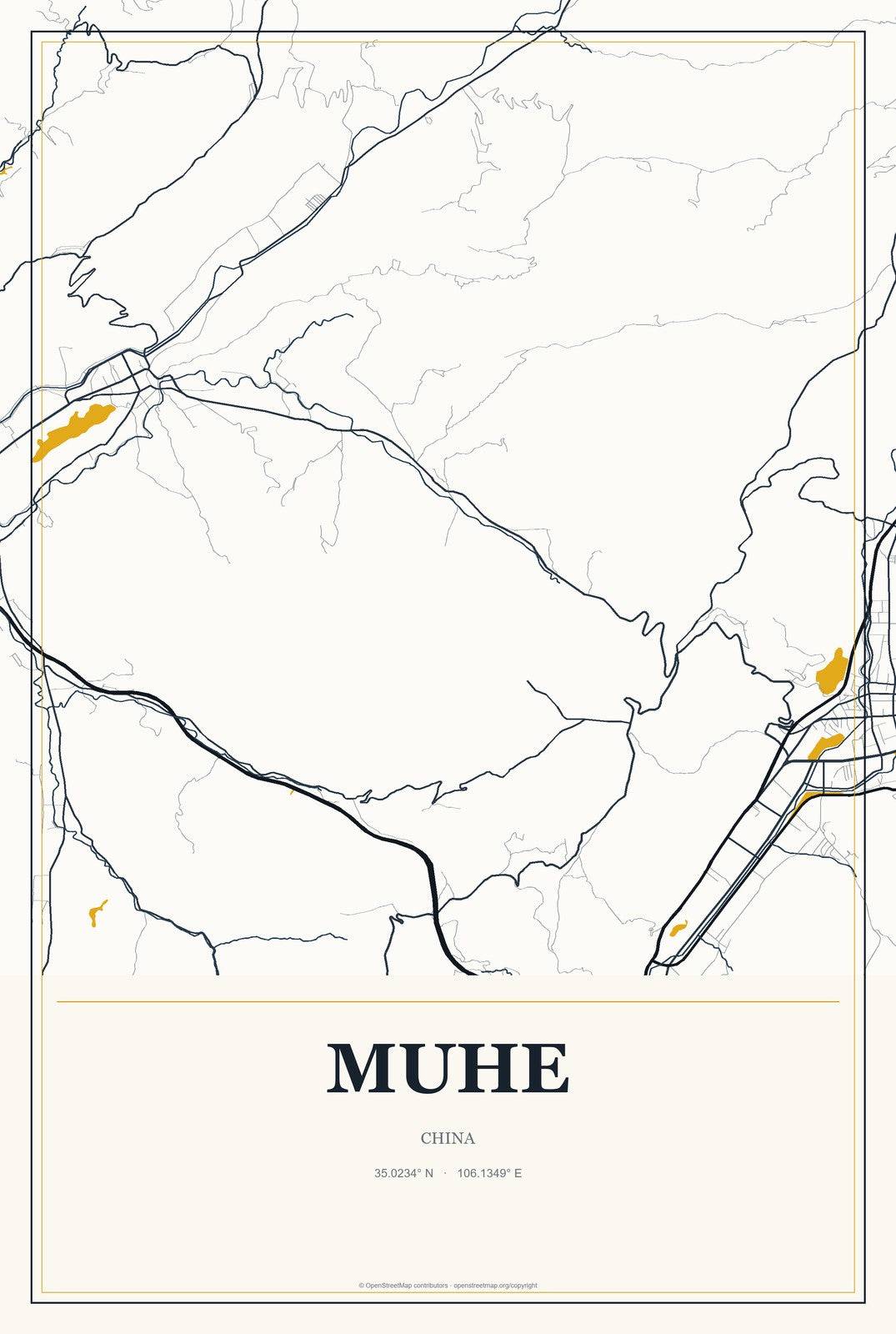 Muhe, China City Map Aluminum Sign in Citrine Modern style