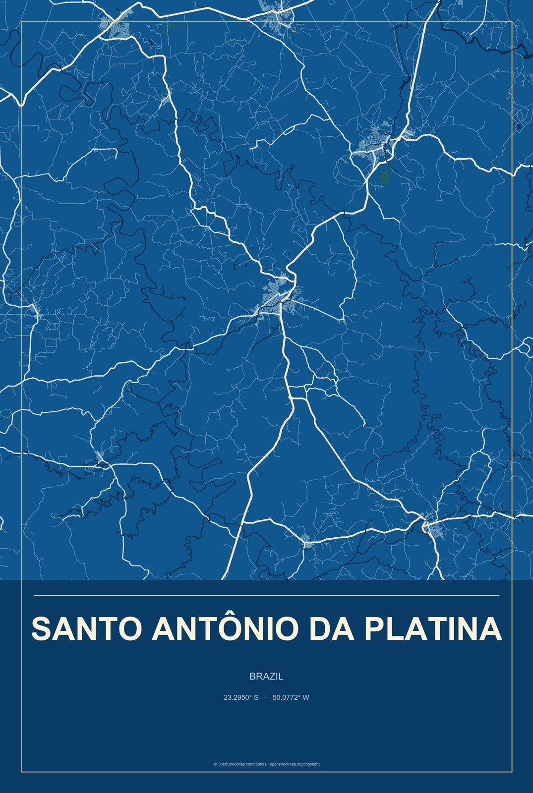 Santo Antônio da Platina, Brazil City Map Aluminum Sign in Harbor Cobalt style