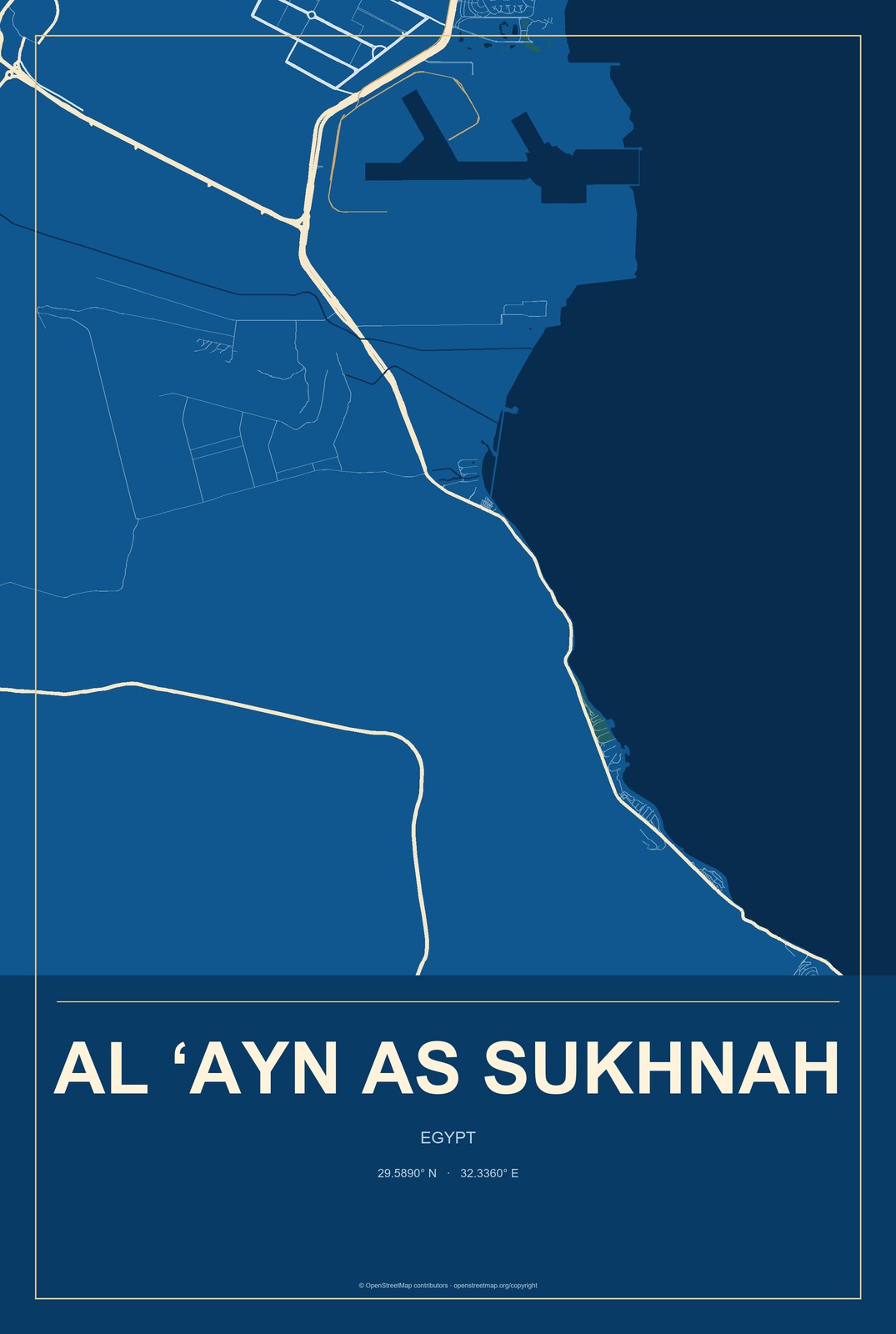 Al ‘Ayn as Sukhnah, Egypt City Map Aluminum Sign in Harbor Cobalt style
