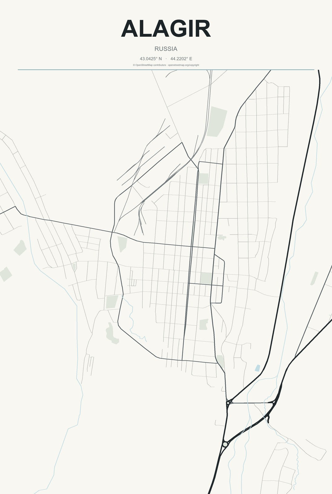 Alagir, Russia City Map Aluminum Sign in Headline Atlas style