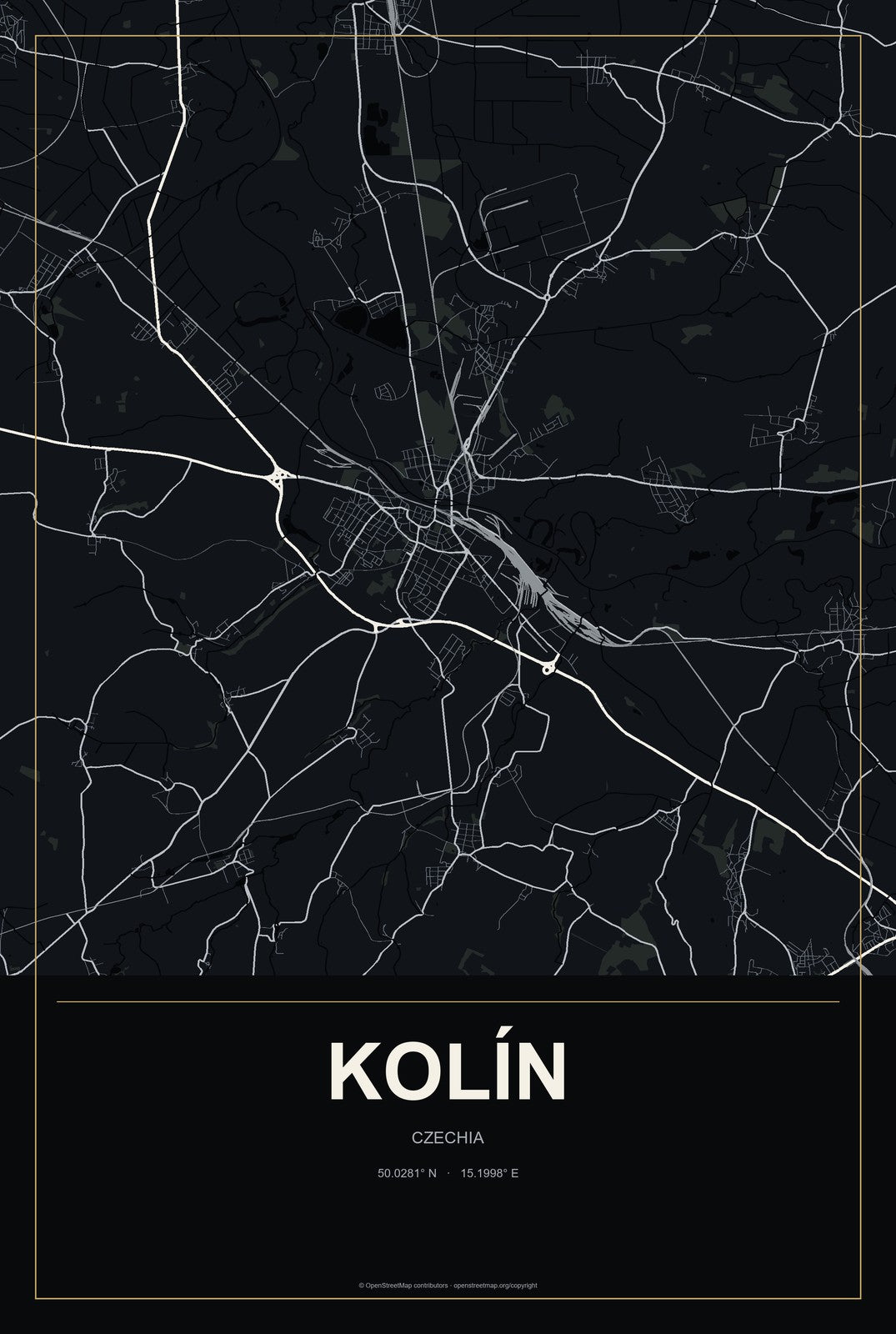 Kolín, Czechia City Map Aluminum Sign in Metropolitan Noir style