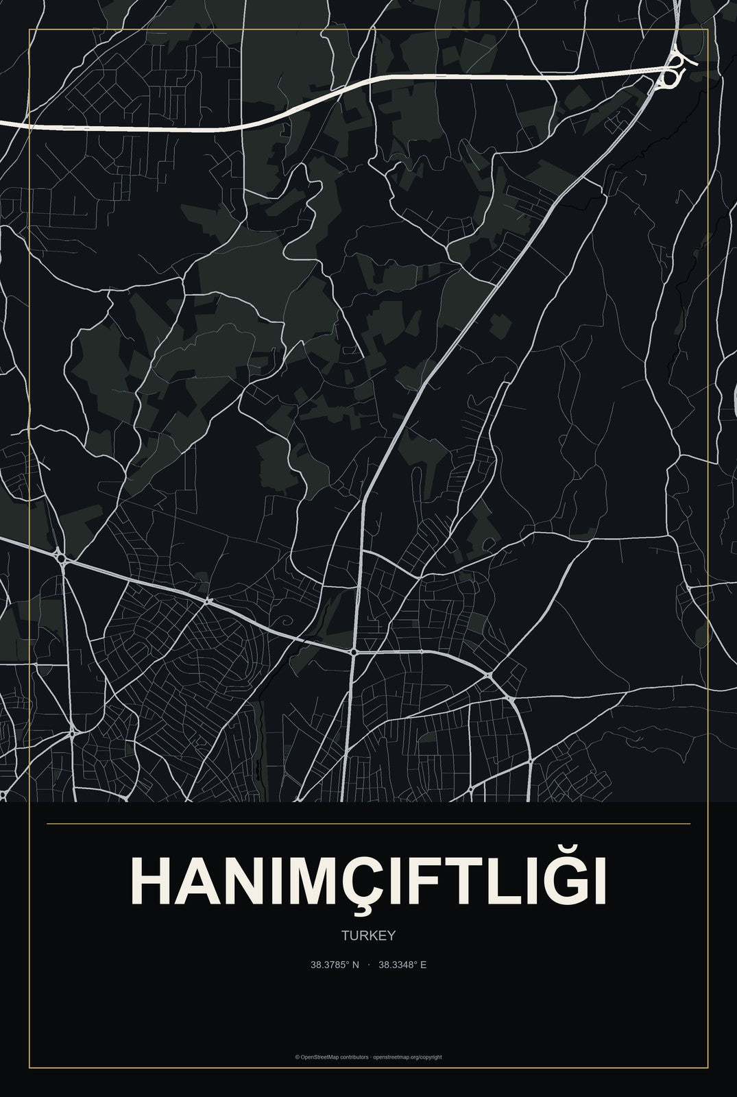 Hanımçiftliği, Turkey City Map Aluminum Sign in Metropolitan Noir style
