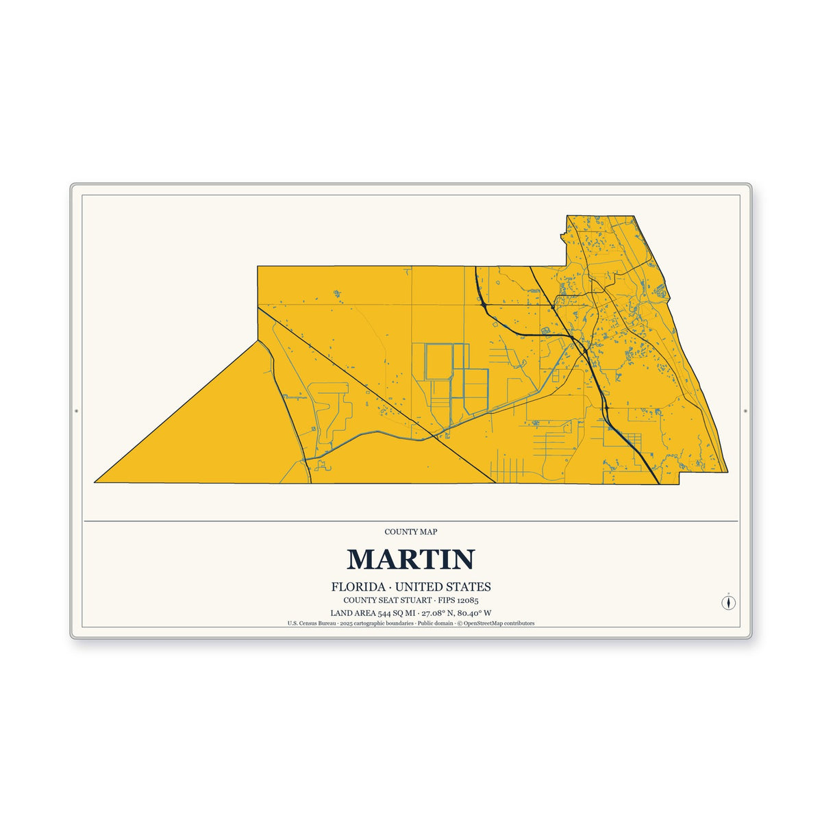 Martin County, Florida Map Aluminum Sign in Citrine Modern style