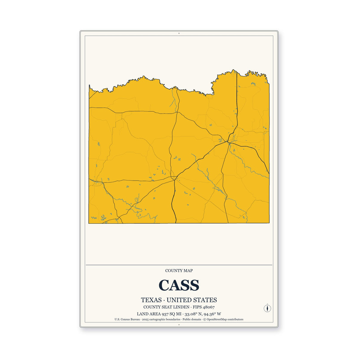 Cass County, Texas Map Aluminum Sign in Citrine Modern style