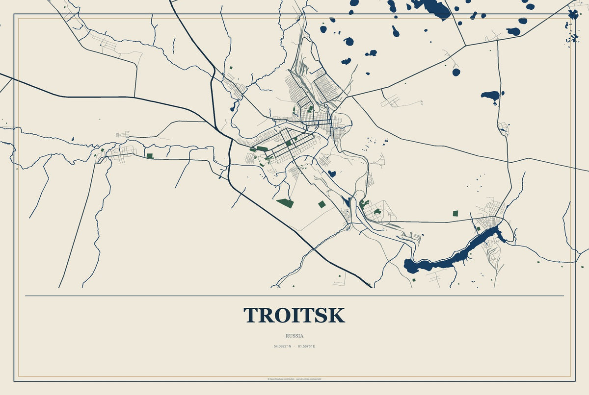 Troitsk, Moscow, Russia City Map Aluminum Sign in Coastal Cutout style
