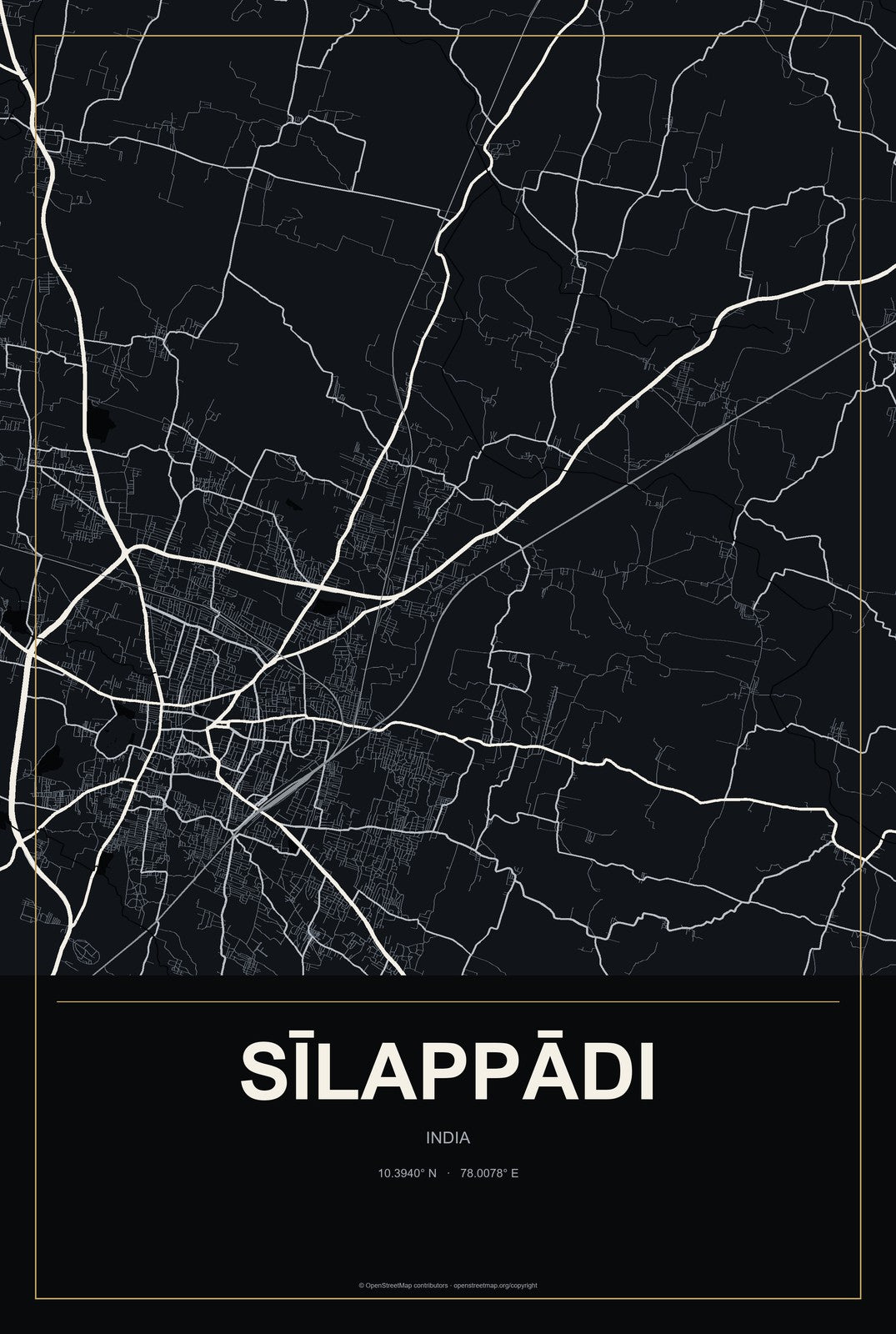 Sīlappādi, India City Map Aluminum Sign in Metropolitan Noir style