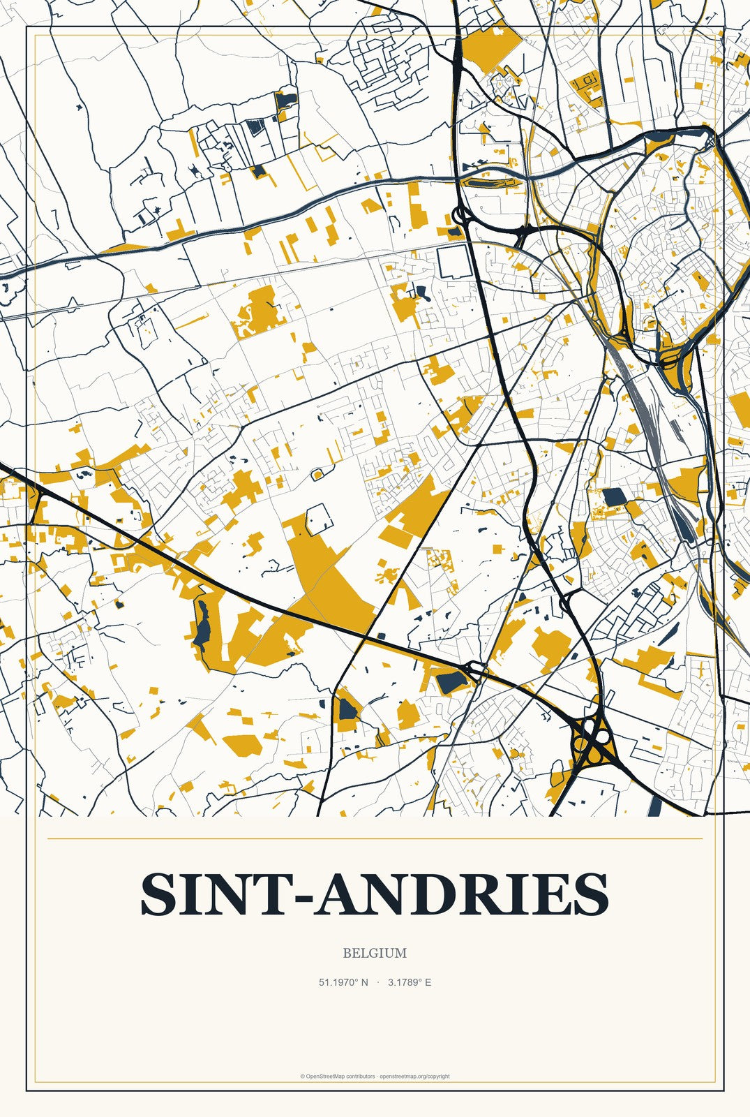 Sint-Andries, Belgium City Map Aluminum Sign in Citrine Modern style