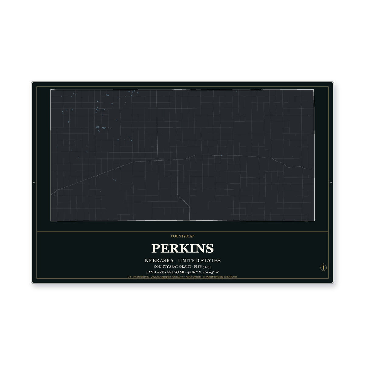 Perkins County, Nebraska Map Aluminum Sign in Metropolitan Noir style