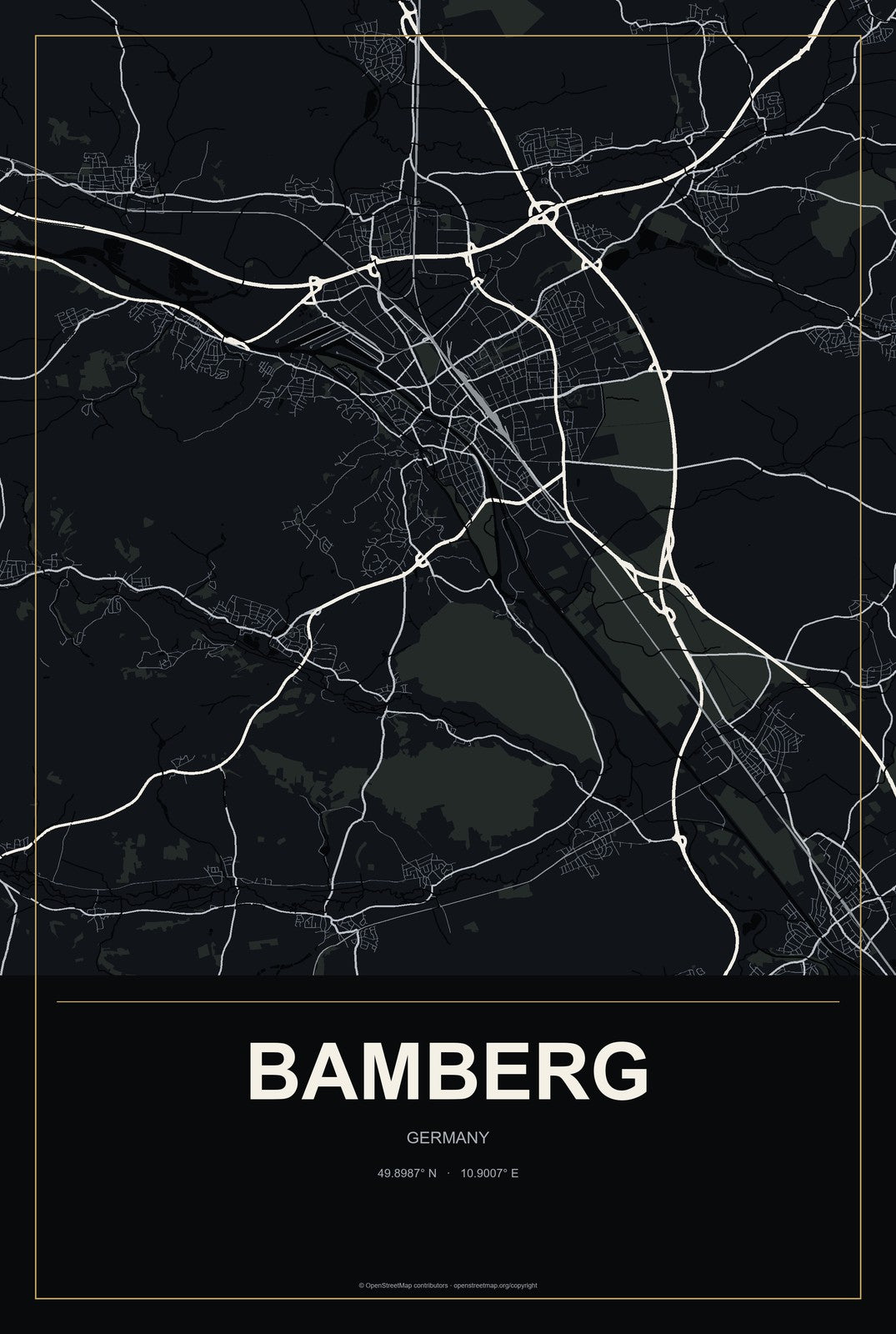 Bamberg, Germany City Map Aluminum Sign in Metropolitan Noir style