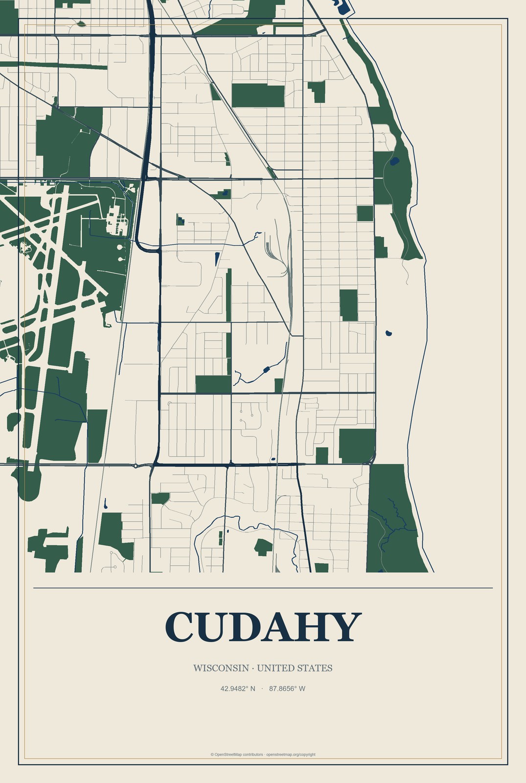 Cudahy, Wisconsin City Map Aluminum Sign in Coastal Cutout style