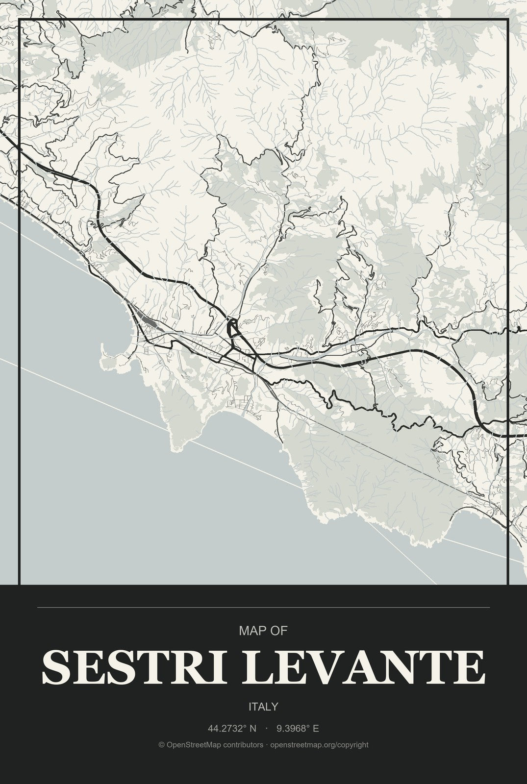 Sestri Levante, Italy City Map Aluminum Sign in Museum Plaque style
