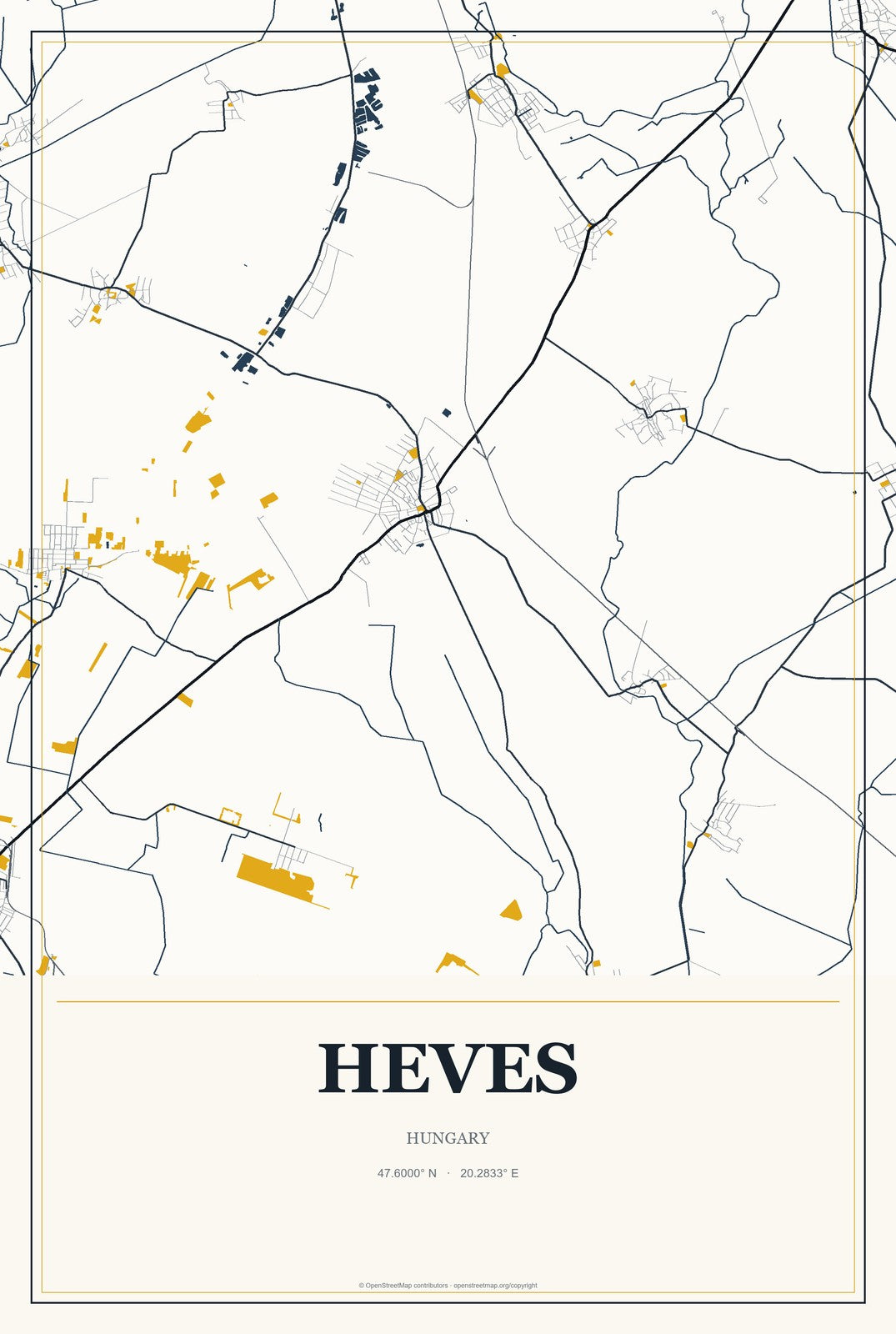 Heves, Hungary City Map Aluminum Sign in Citrine Modern style