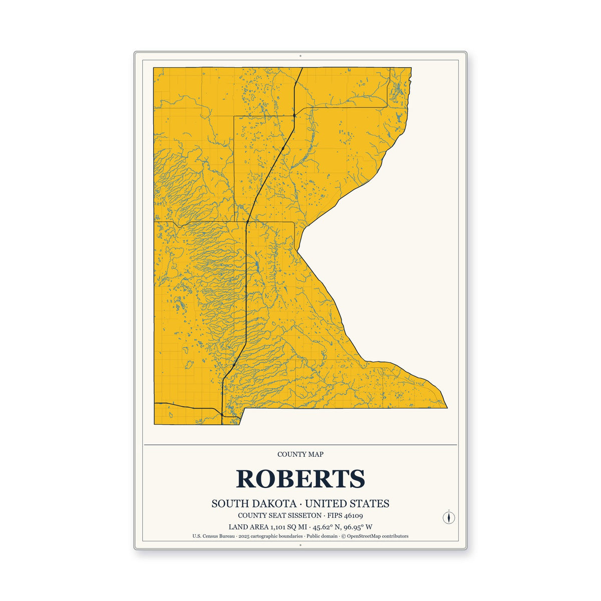Roberts County, South Dakota Map Aluminum Sign in Citrine Modern style