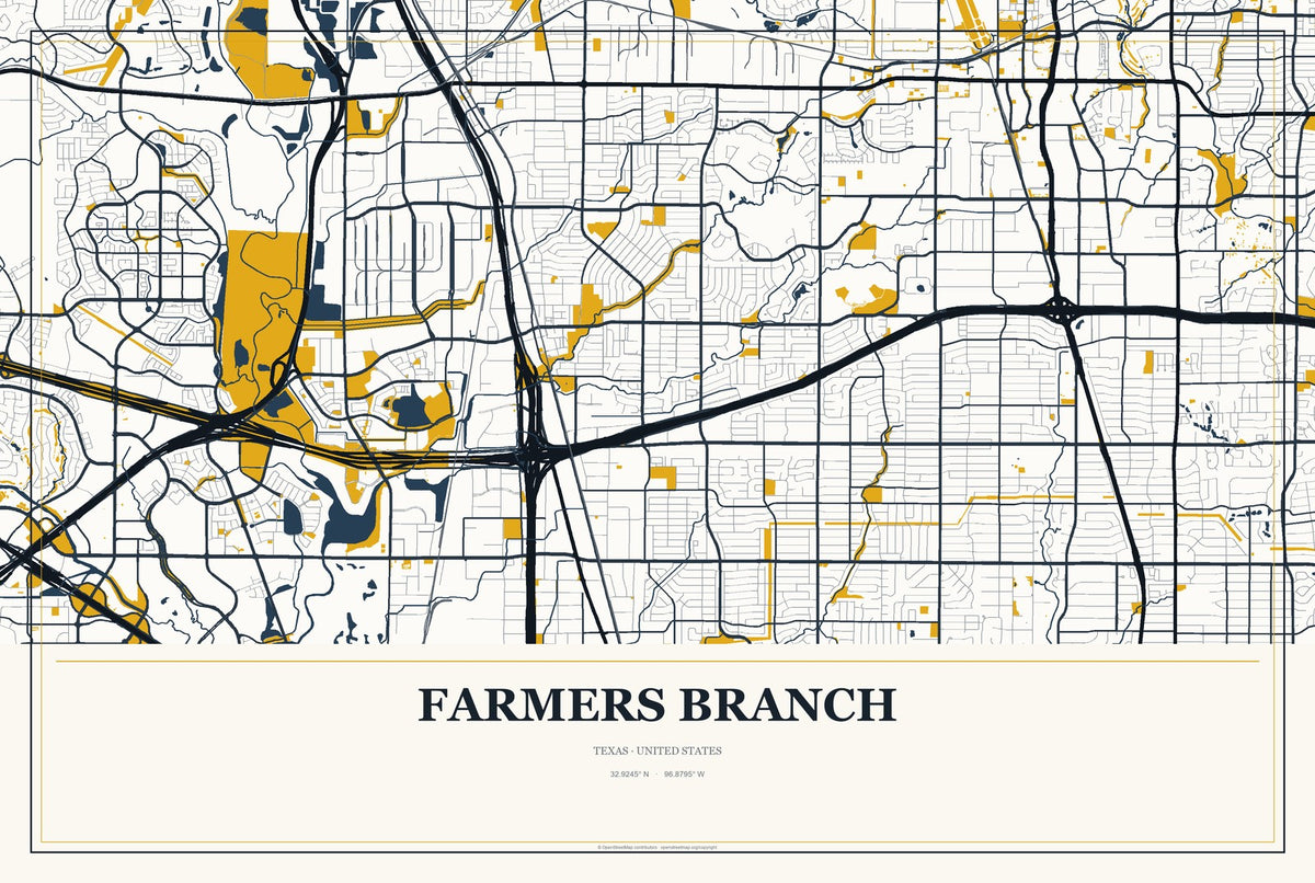 Farmers Branch, Texas City Map Aluminum Sign in Citrine Modern style