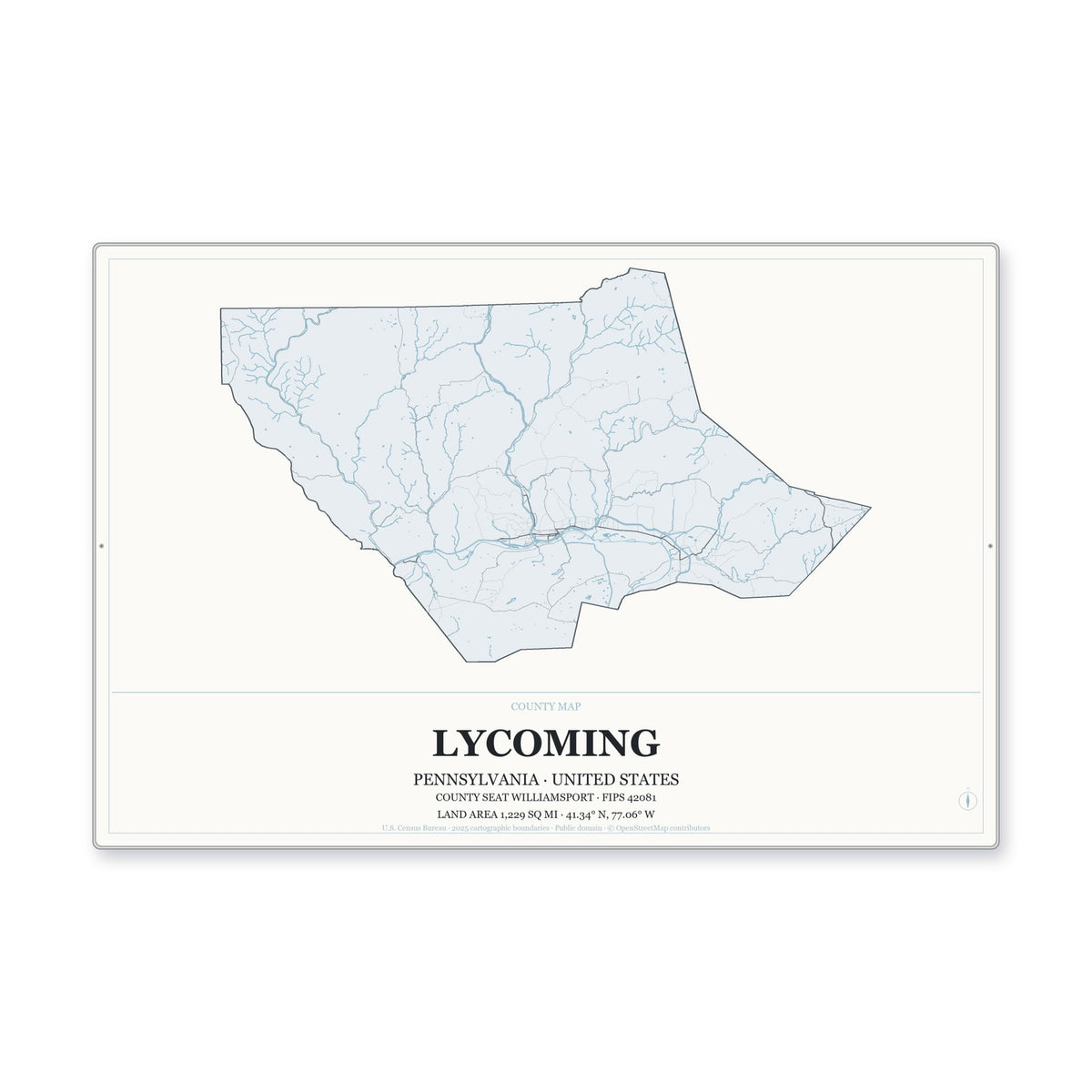 Lycoming County, Pennsylvania Map Aluminum Sign in Gallery Air style