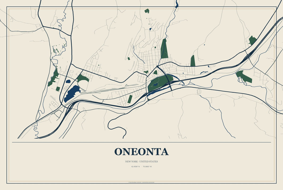 Oneonta, New York City Map Aluminum Sign in Coastal Cutout style