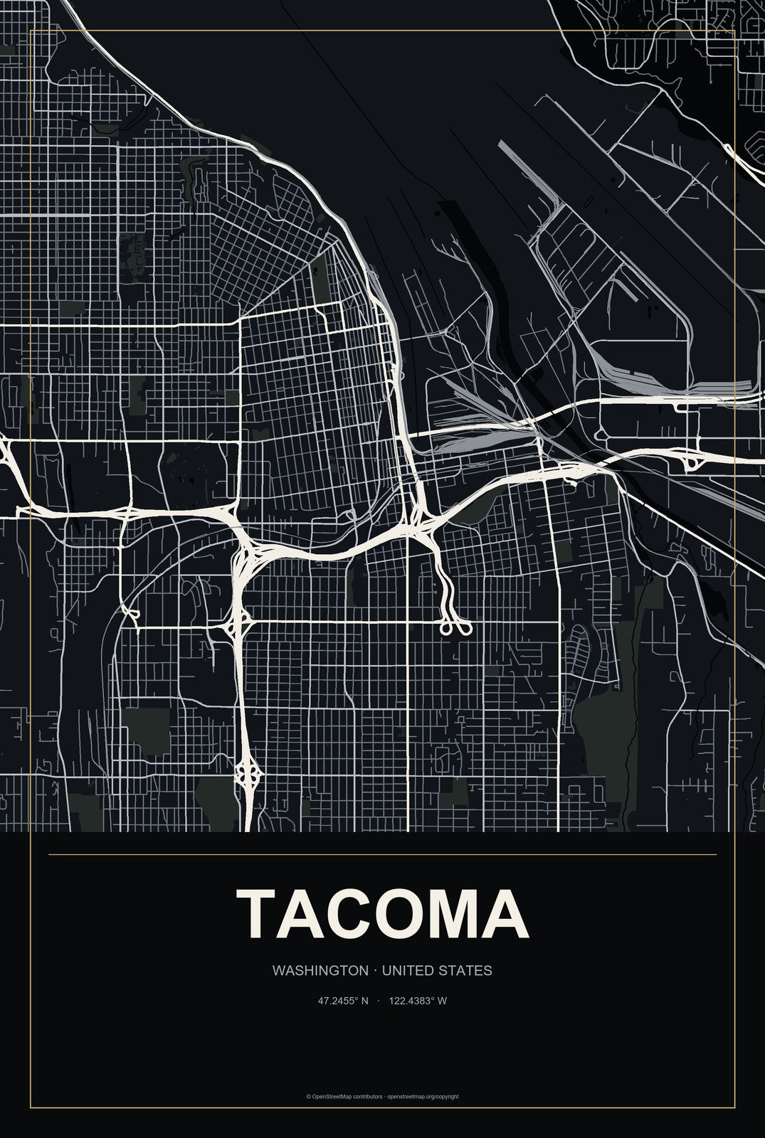 Tacoma, Washington City Map Aluminum Sign in Metropolitan Noir style