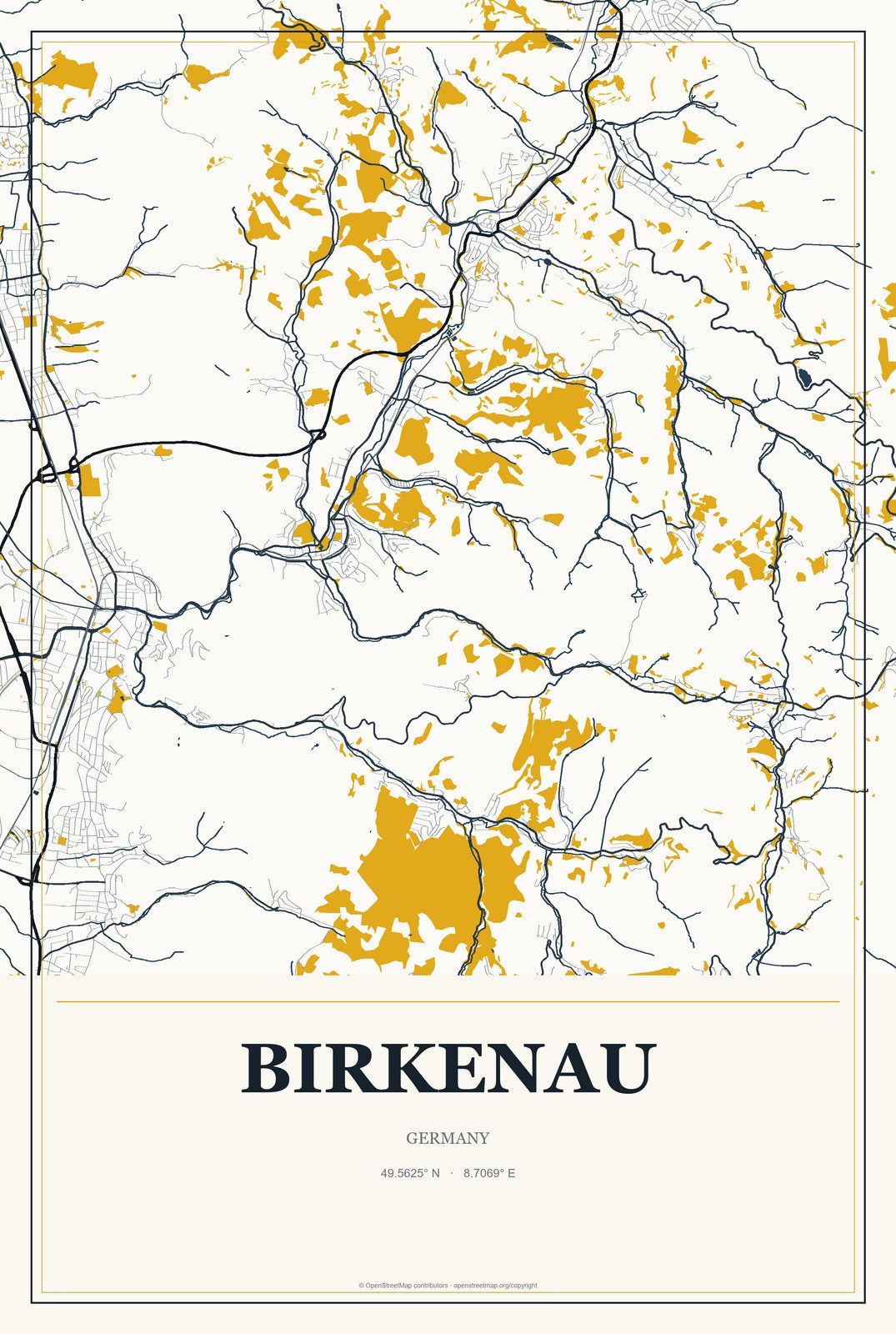 Birkenau, Germany City Map Aluminum Sign in Citrine Modern style