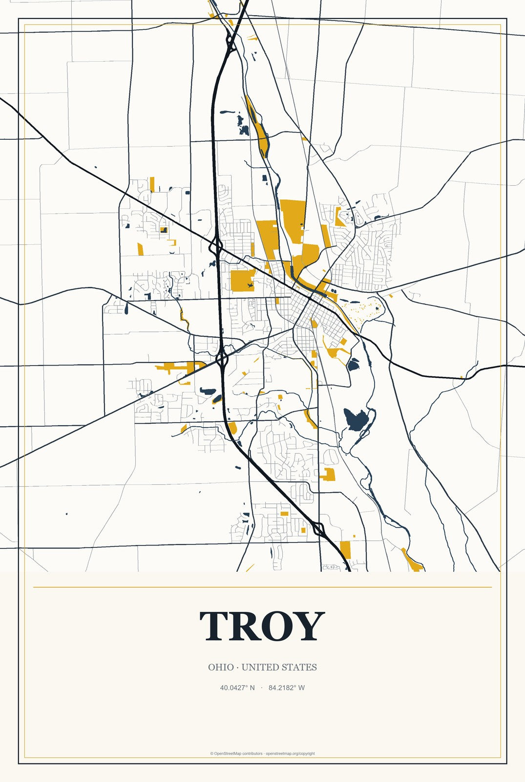 Troy, Ohio City Map Aluminum Sign in Citrine Modern style