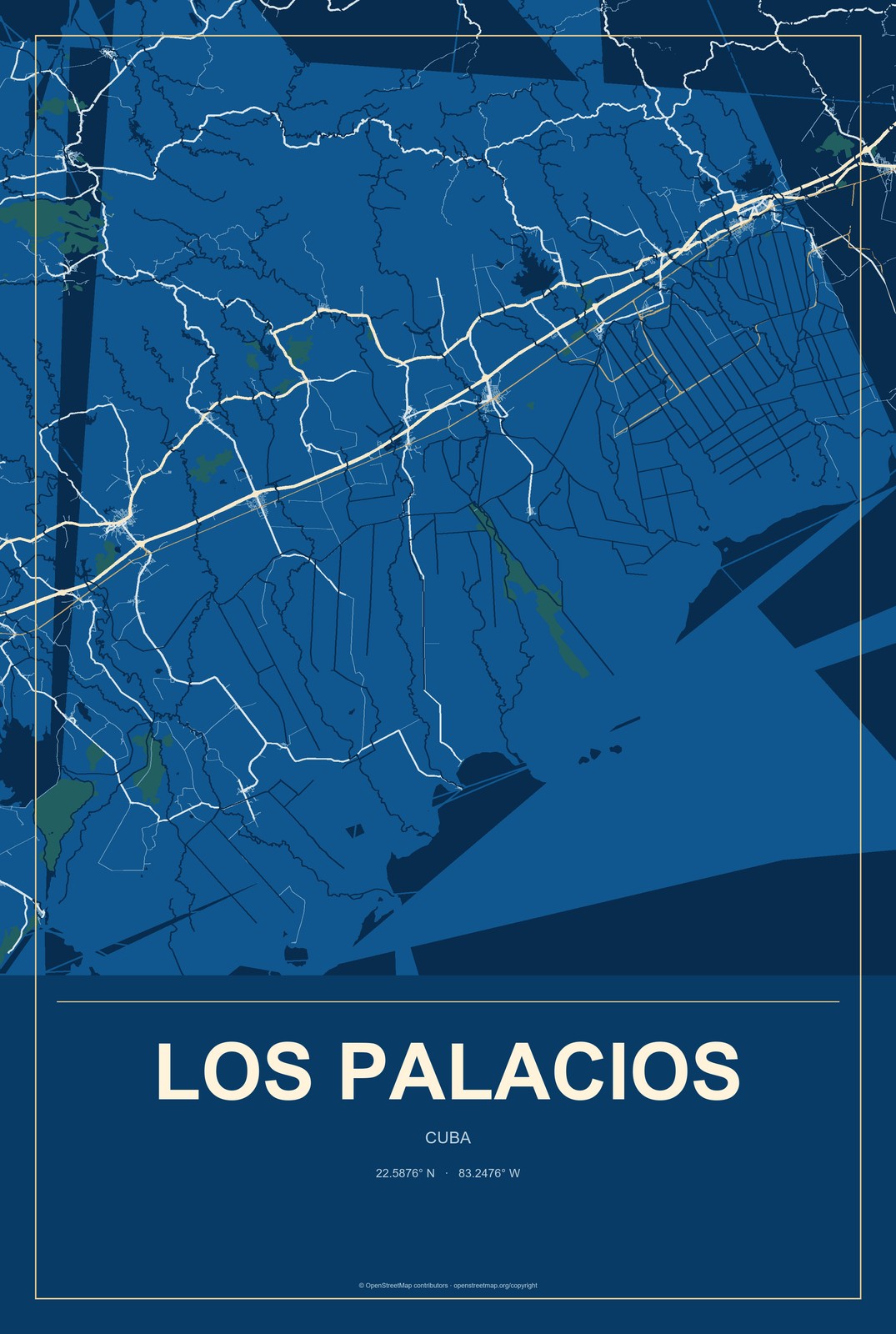 Los Palacios, Cuba City Map Aluminum Sign in Harbor Cobalt style
