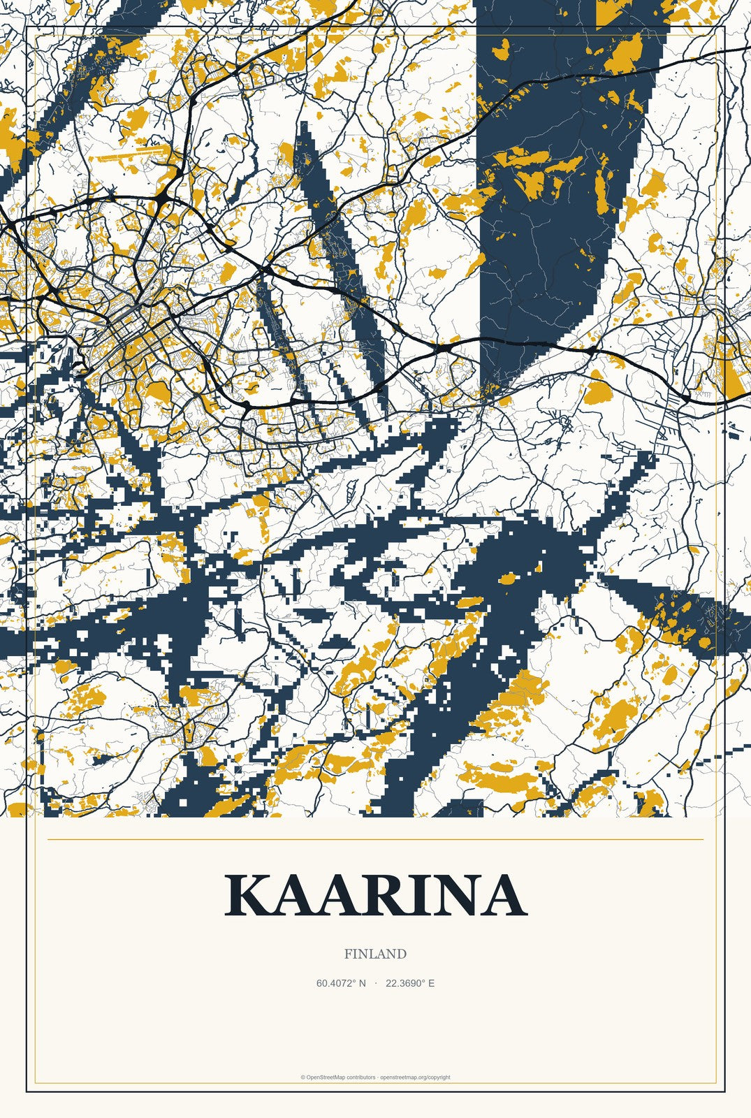 Kaarina, Finland City Map Aluminum Sign in Citrine Modern style