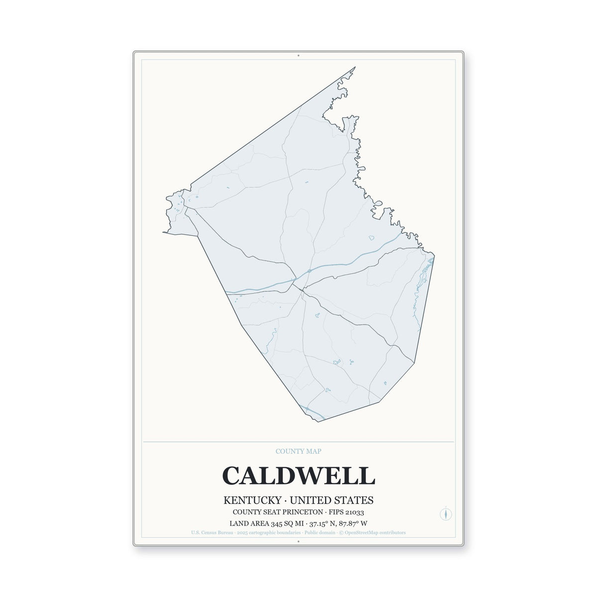 Caldwell County, Kentucky Map Aluminum Sign in Gallery Air style