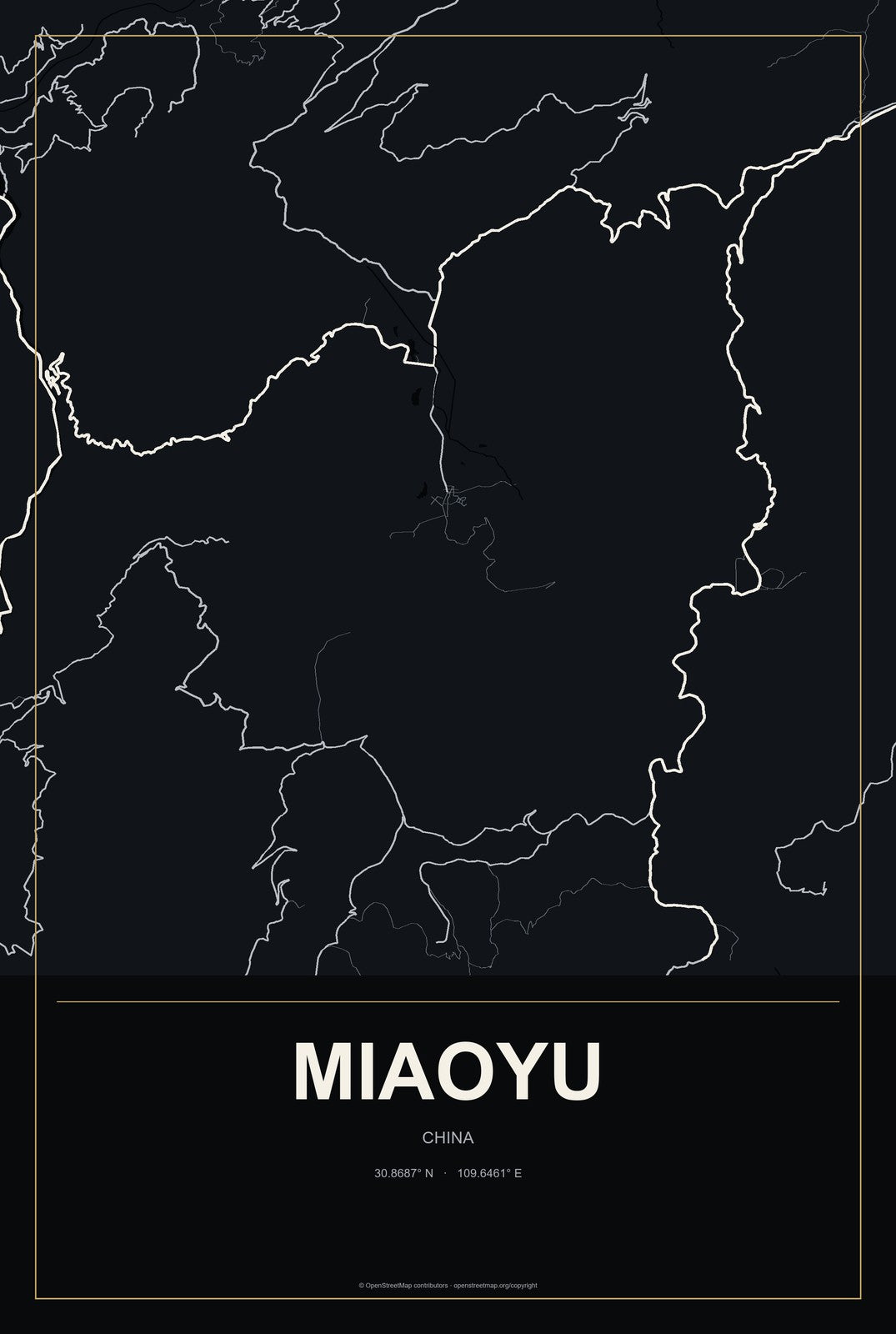 Miaoyu, China City Map Aluminum Sign in Metropolitan Noir style
