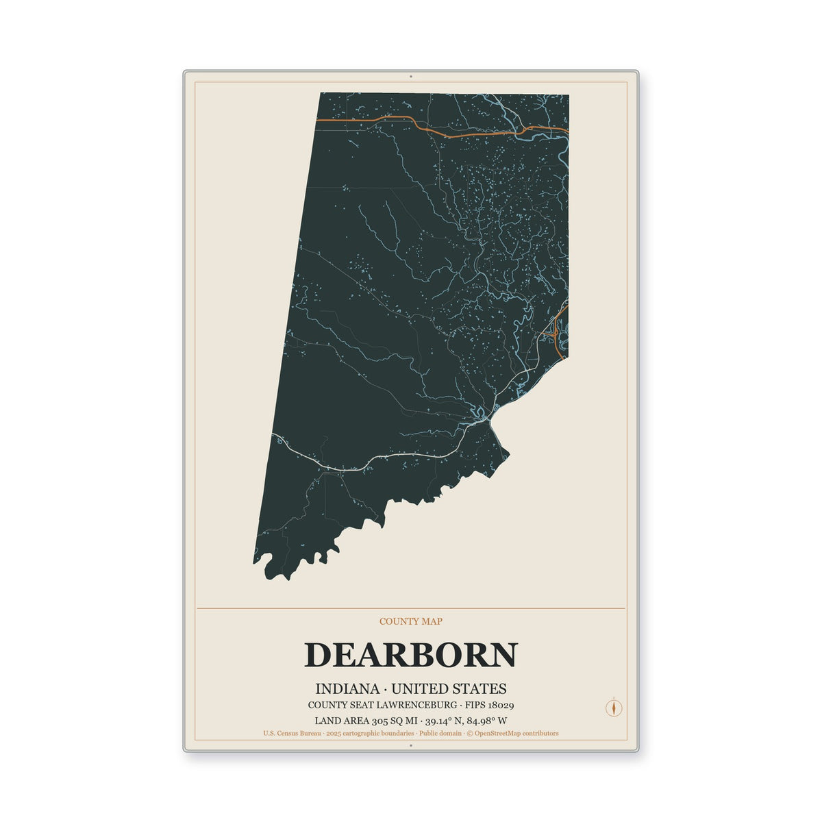 Dearborn County, Indiana Map Aluminum Sign in Headline Atlas style