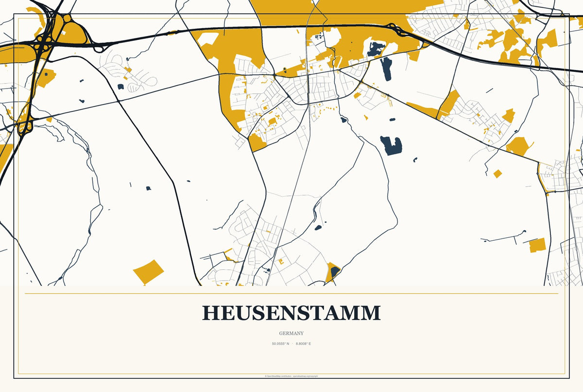 Heusenstamm, Germany City Map Aluminum Sign in Citrine Modern style