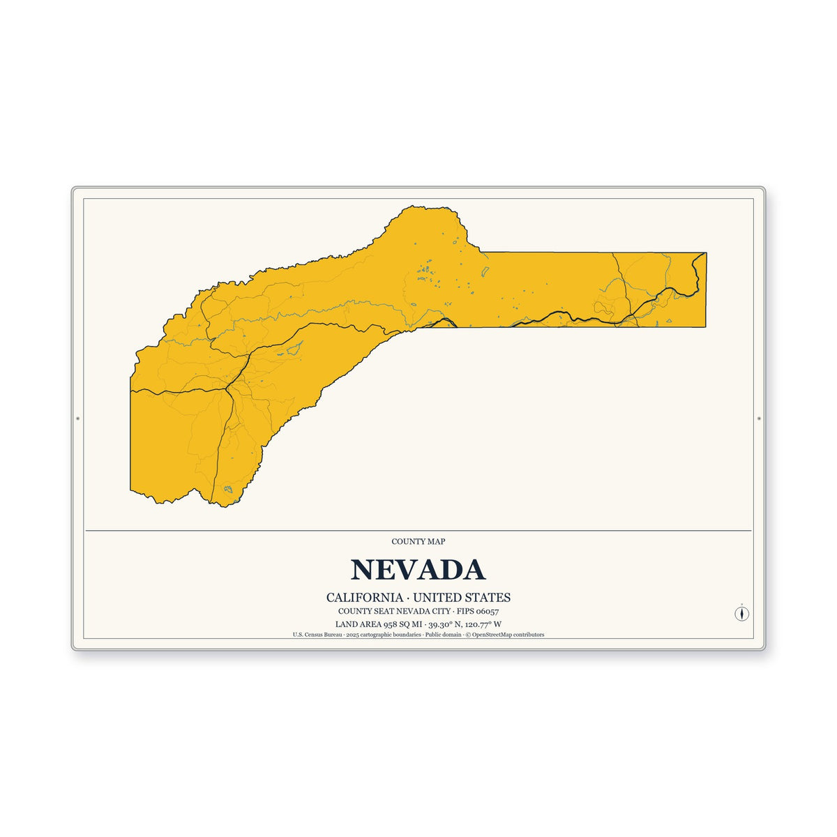 Nevada County, California Map Aluminum Sign in Citrine Modern style