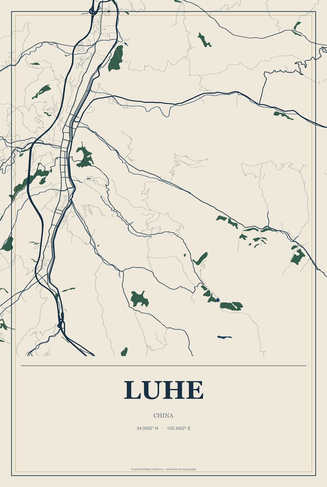 Luhe, China City Map Aluminum Sign in Coastal Cutout style