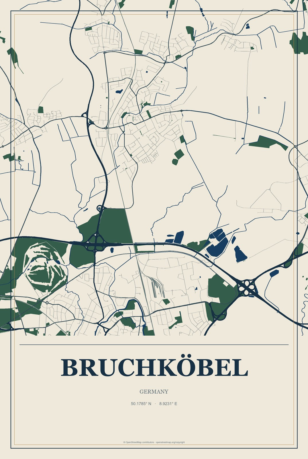 Bruchköbel, Germany City Map Aluminum Sign in Coastal Cutout style