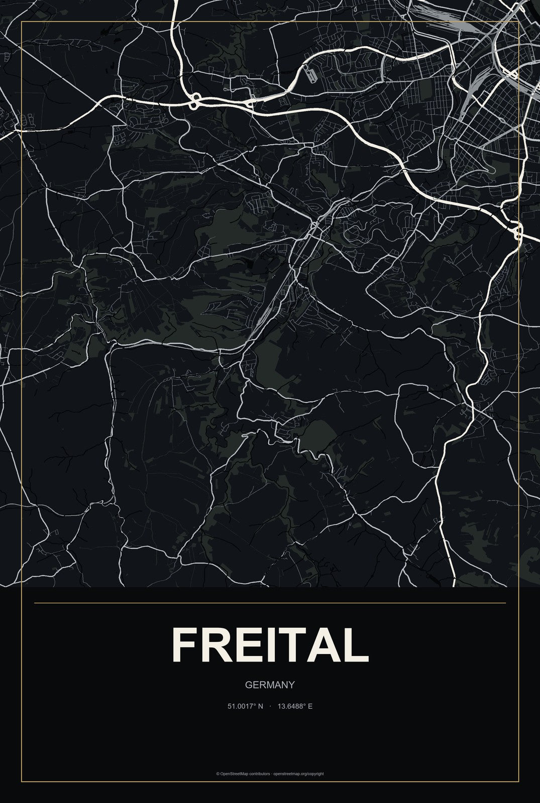 Freital, Germany City Map Aluminum Sign in Metropolitan Noir style