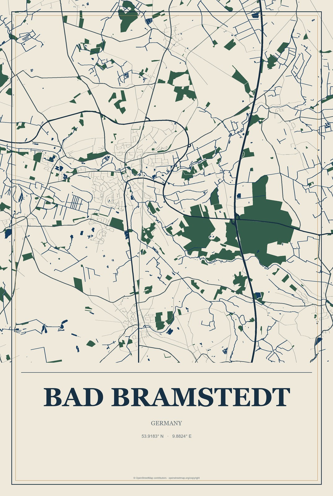 Bad Bramstedt, Germany City Map Aluminum Sign in Coastal Cutout style