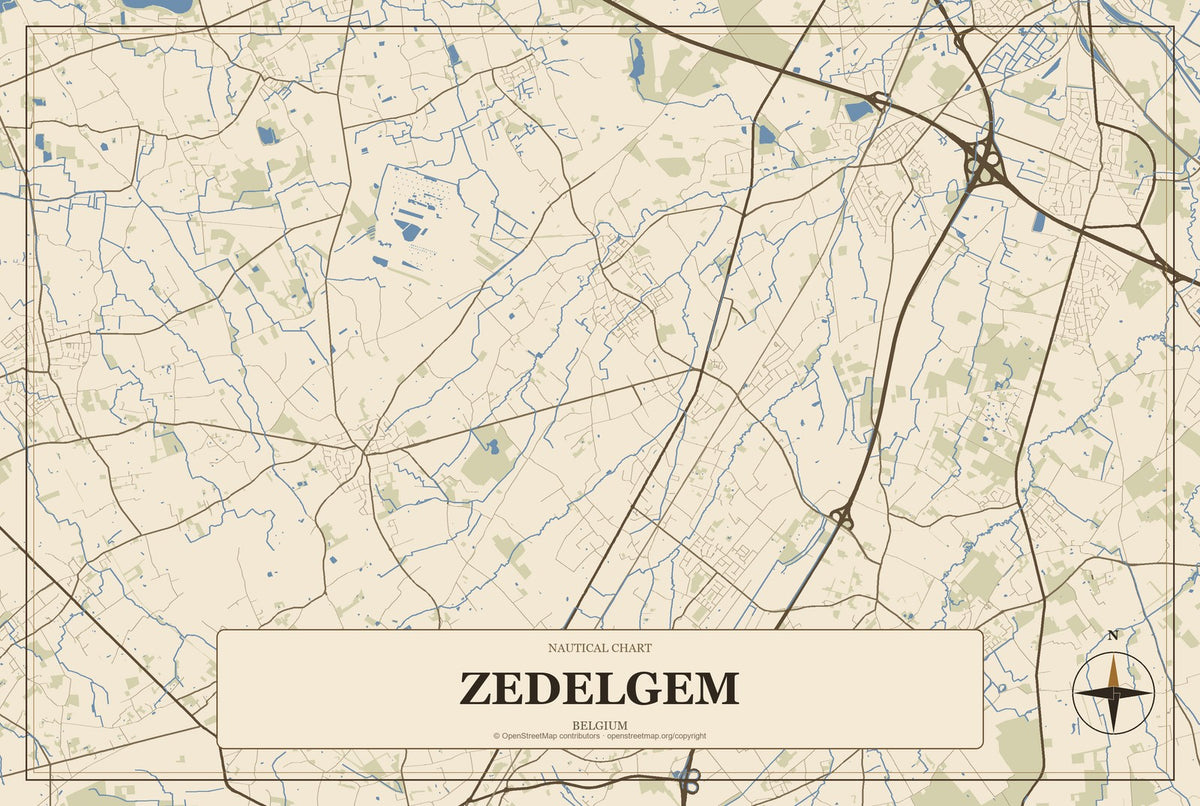 Zedelgem, Belgium City Map Aluminum Sign in Heritage Nautical style