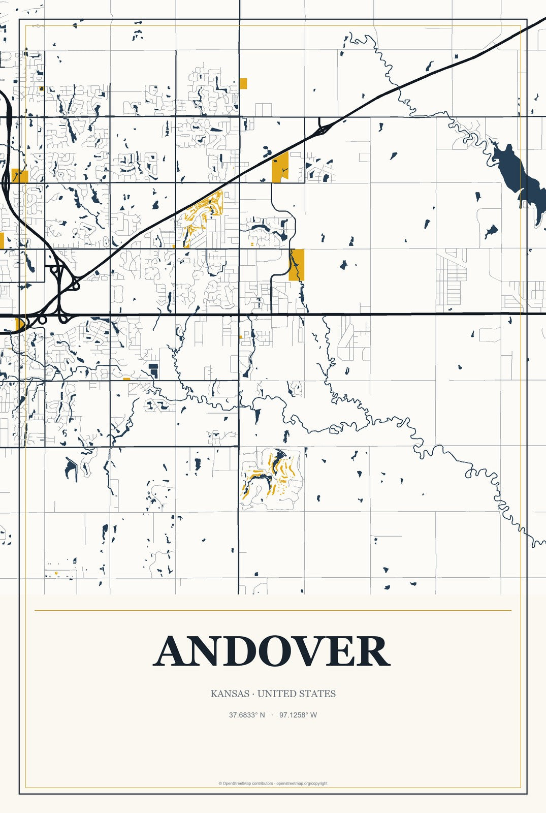 Andover, Kansas City Map Aluminum Sign in Citrine Modern style