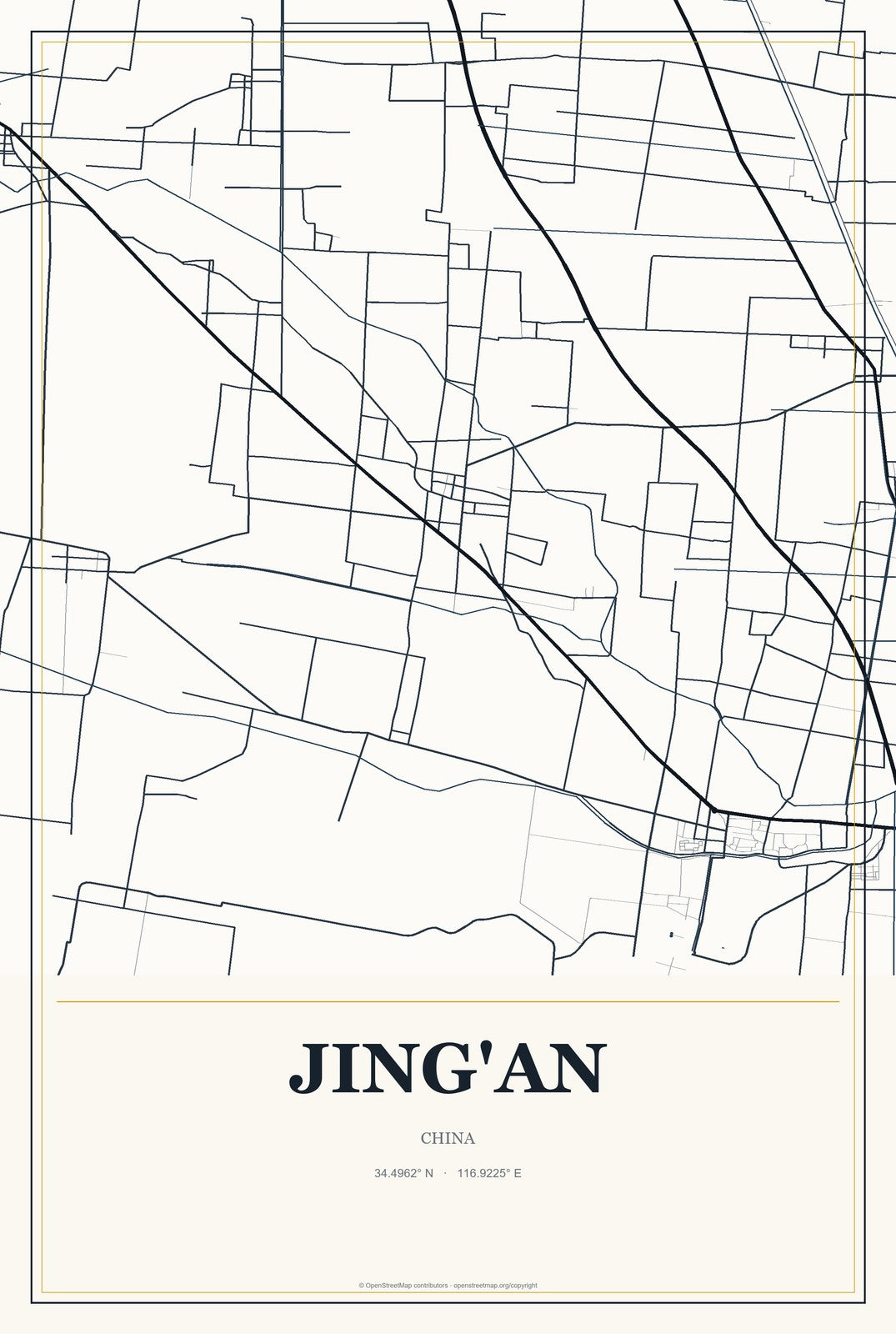 Jing'an, China City Map Aluminum Sign in Citrine Modern style