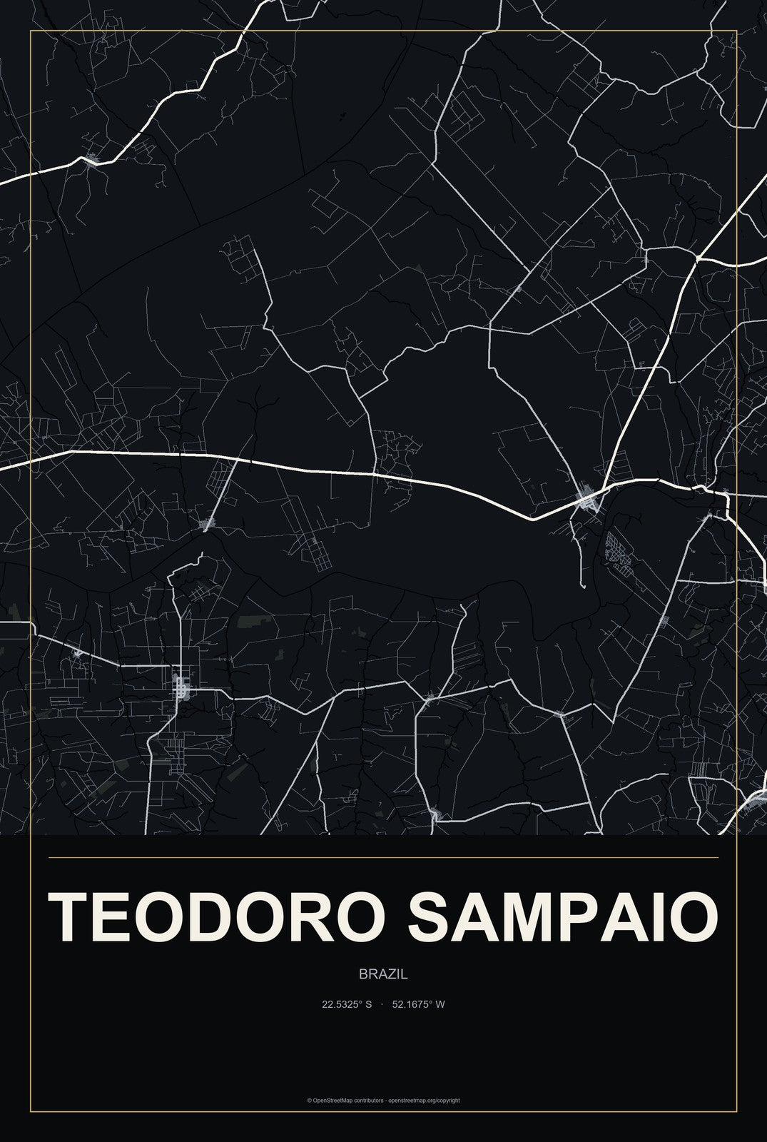 Teodoro Sampaio, Brazil City Map Aluminum Sign in Metropolitan Noir style