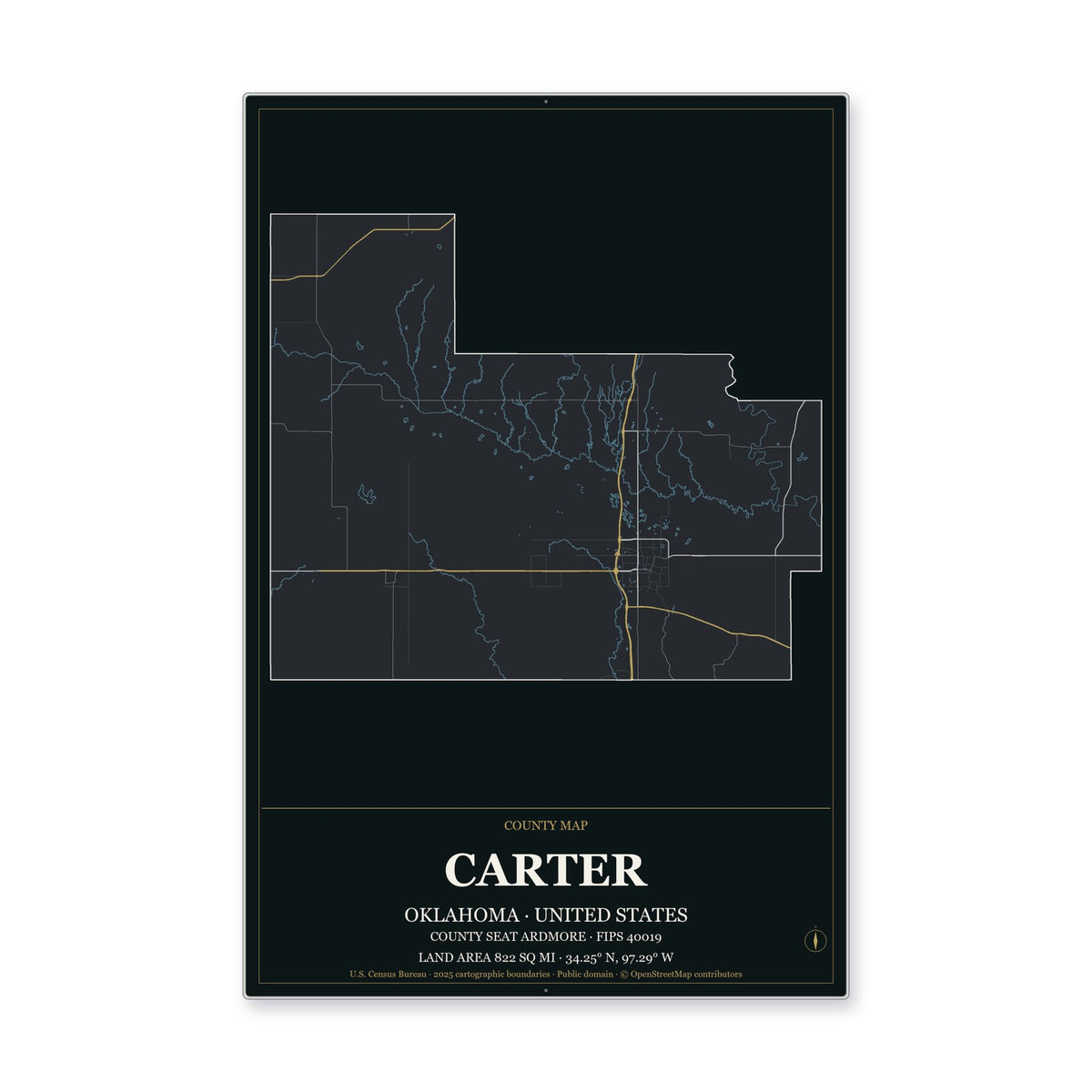 Carter County, Oklahoma Map Aluminum Sign in Metropolitan Noir style