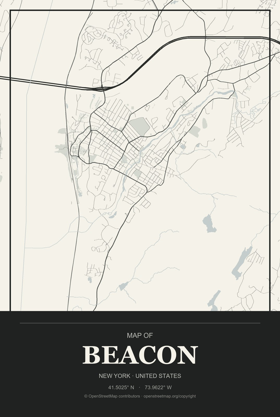 Beacon, New York City Map Aluminum Sign in Museum Plaque style