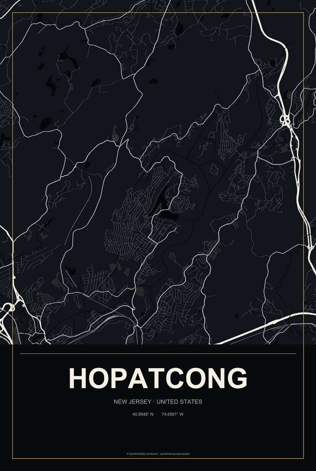 Hopatcong, New Jersey City Map Aluminum Sign in Metropolitan Noir style