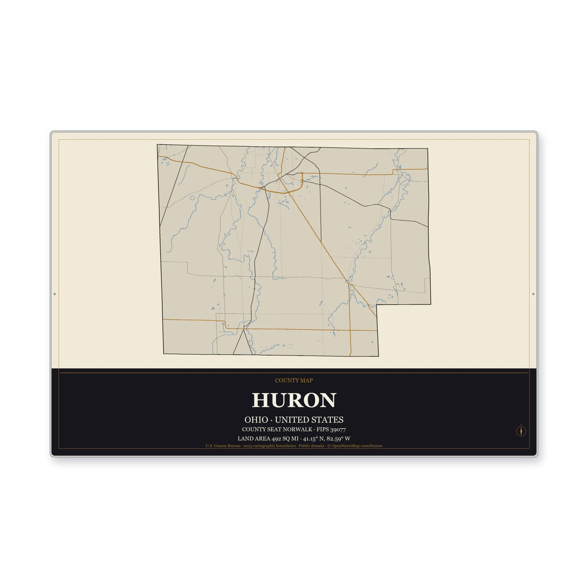 Huron County, Ohio Map Aluminum Sign in Museum Plaque style