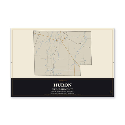 Huron County, Ohio Map Aluminum Sign in Museum Plaque style