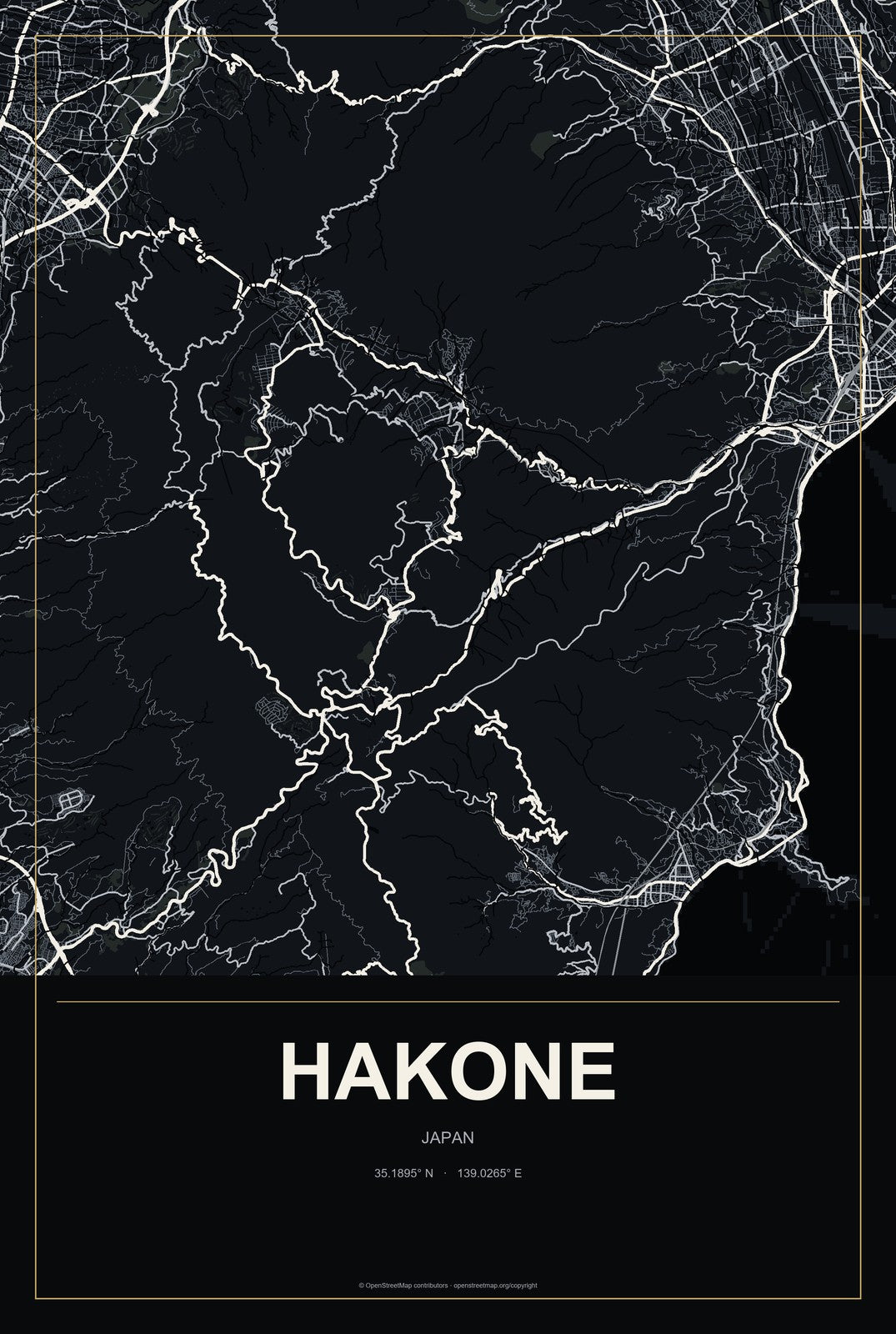 Hakone, Japan City Map Aluminum Sign in Metropolitan Noir style